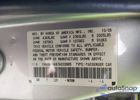 2007 Honda Accord 3.0 Se из США, поврежденный, VIN 1HGCM66497A032885